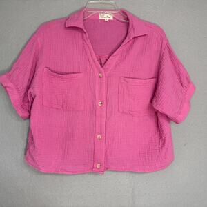 Love Notes Women's Crop Button Up Shirt Size M Pink Cotton Gauze Classic Cottage